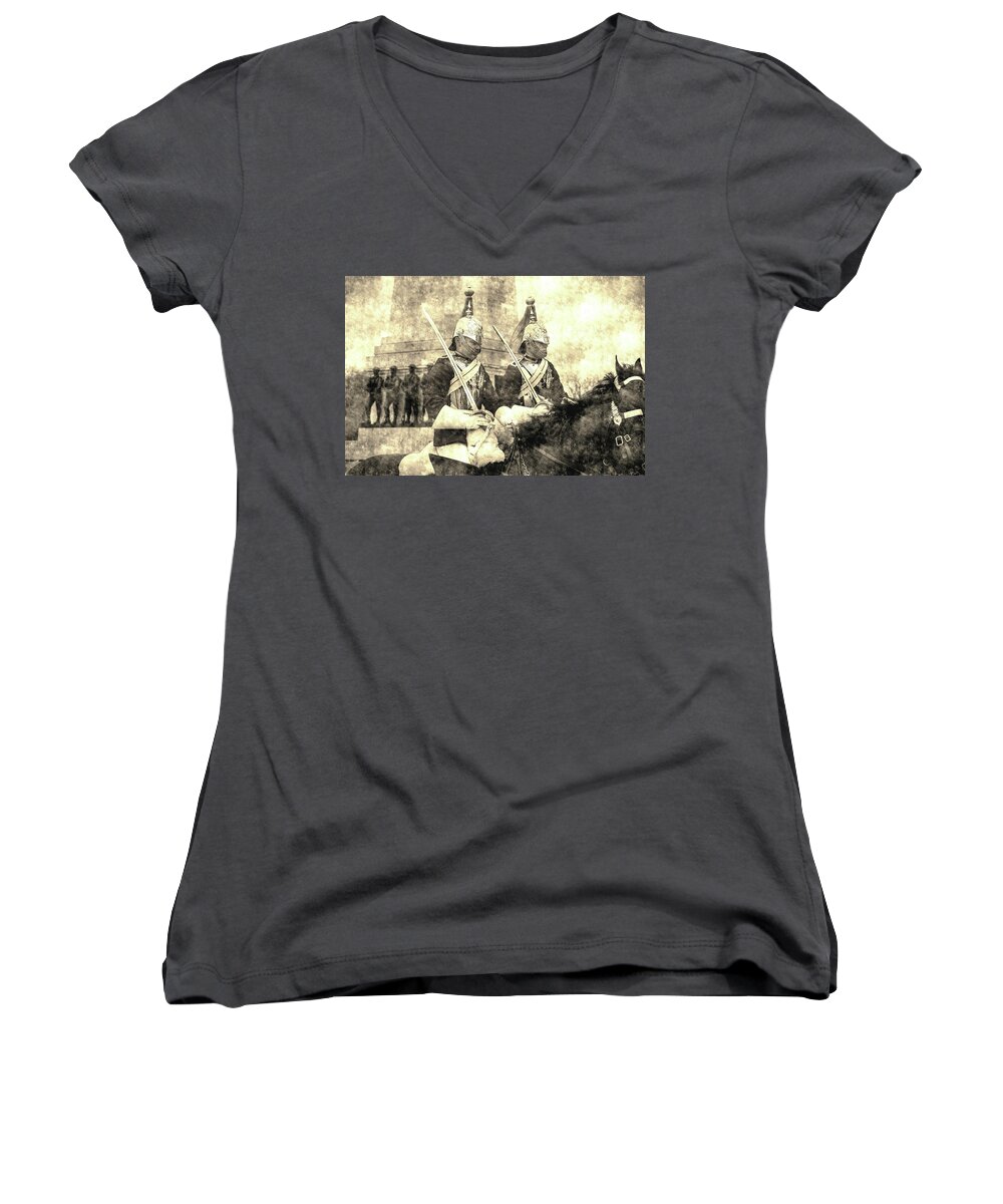 Changing The Guards Women's V-Neck featuring the photograph Household Cavalry Changing Of The Guard Vintage #3 by David Pyatt