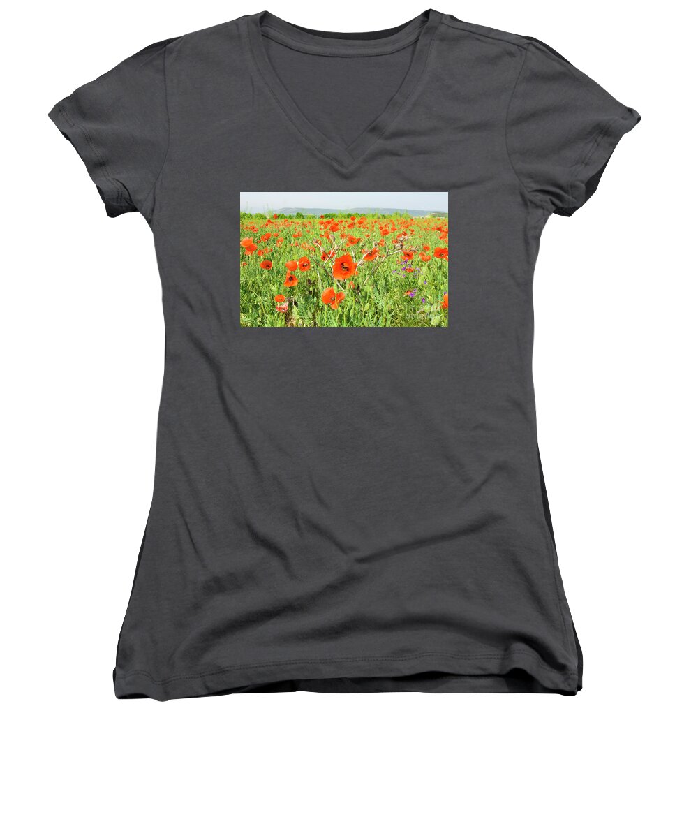 Red Women's V-Neck featuring the photograph Meadow with red poppies #3 by Irina Afonskaya
