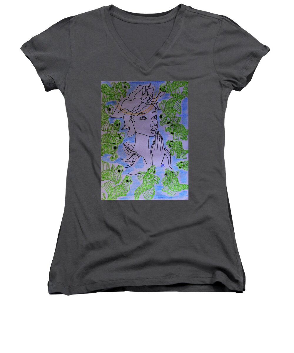  Women's V-Neck featuring the painting Our Lady Star of the Sea #3 by Gloria Ssali