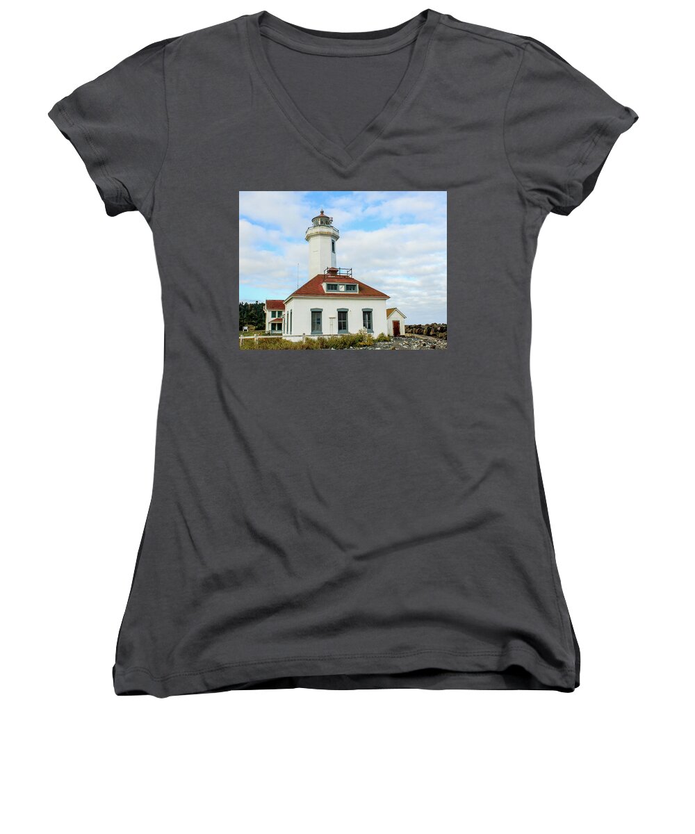 Lighthouse Women's V-Neck featuring the photograph Point Wilson Lighthouse #3 by E Faithe Lester