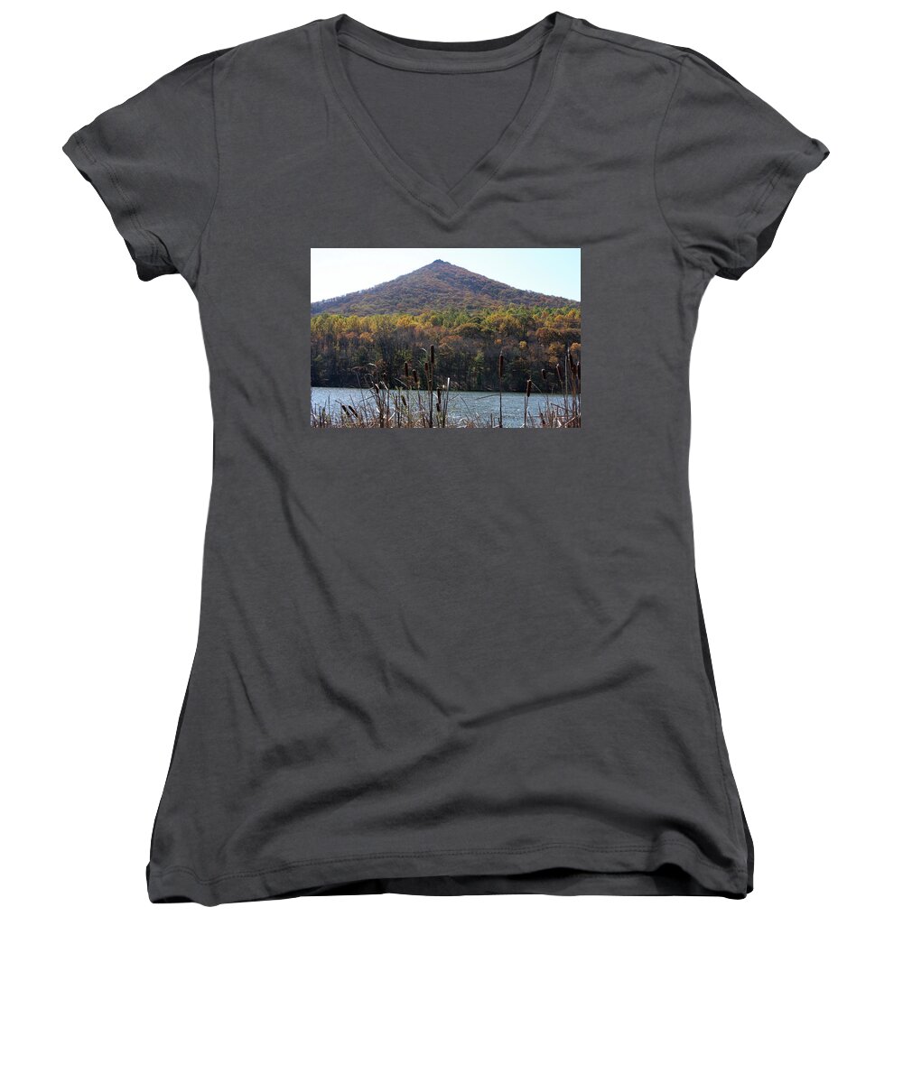 Lake Women's V-Neck featuring the photograph View of Abbott Lake and Sharp Top in autumn #3 by Emanuel Tanjala