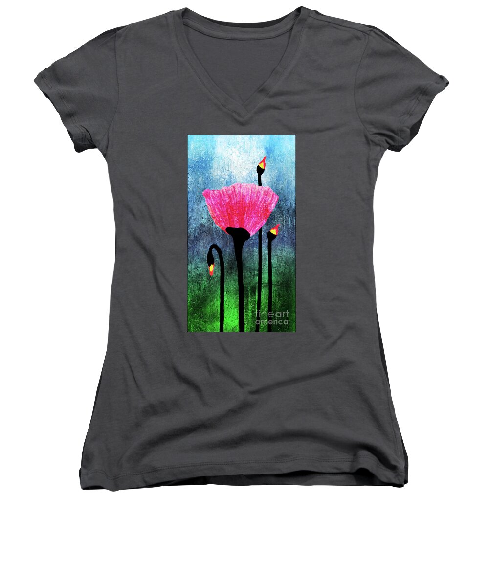 Acrylic Women's V-Neck featuring the painting 32a Expressive Floral Poppies Painting Digital Art by Ricardos Creations