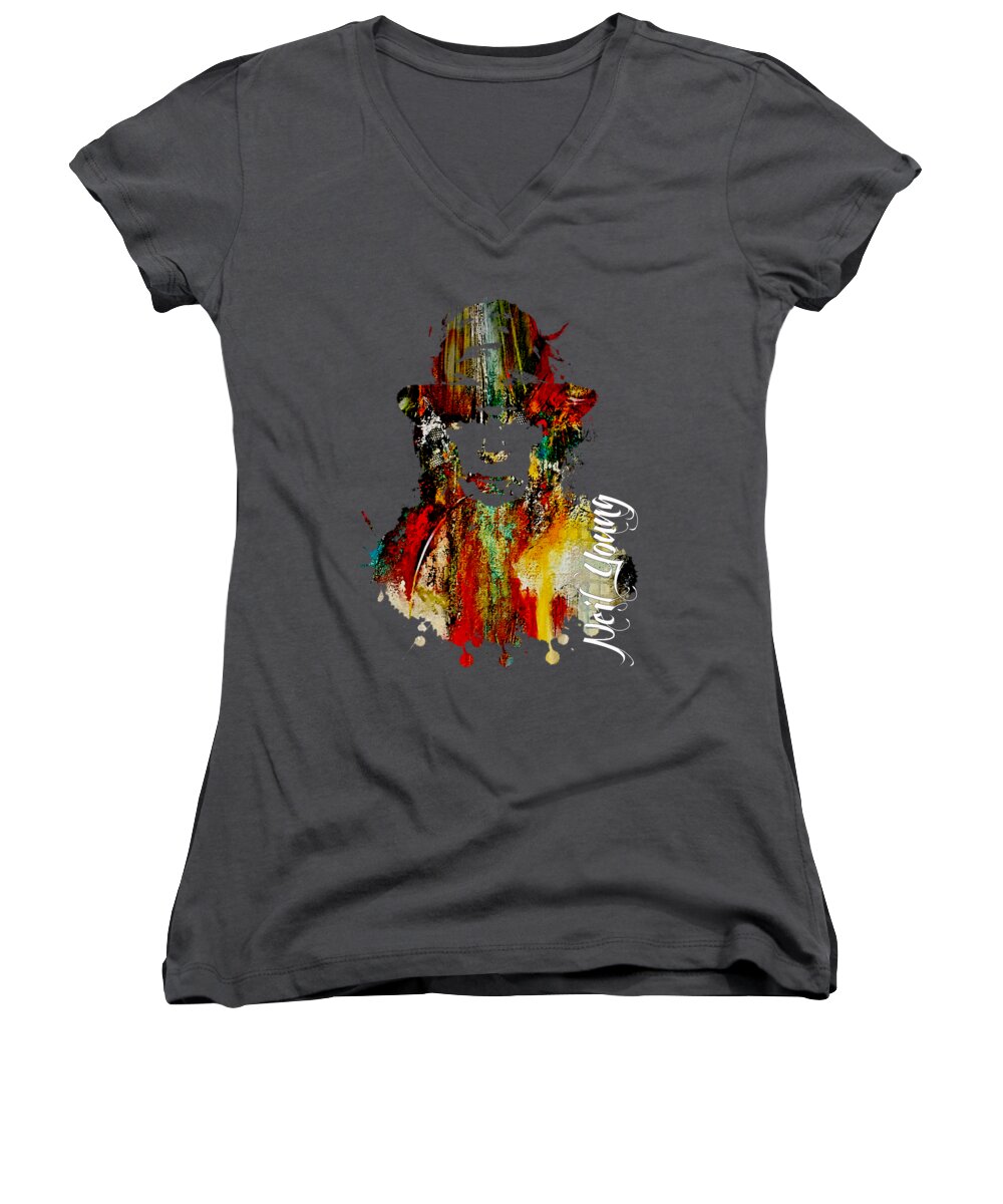 Neil Young Women's V-Neck featuring the mixed media Neil Young Collection #15 by Marvin Blaine
