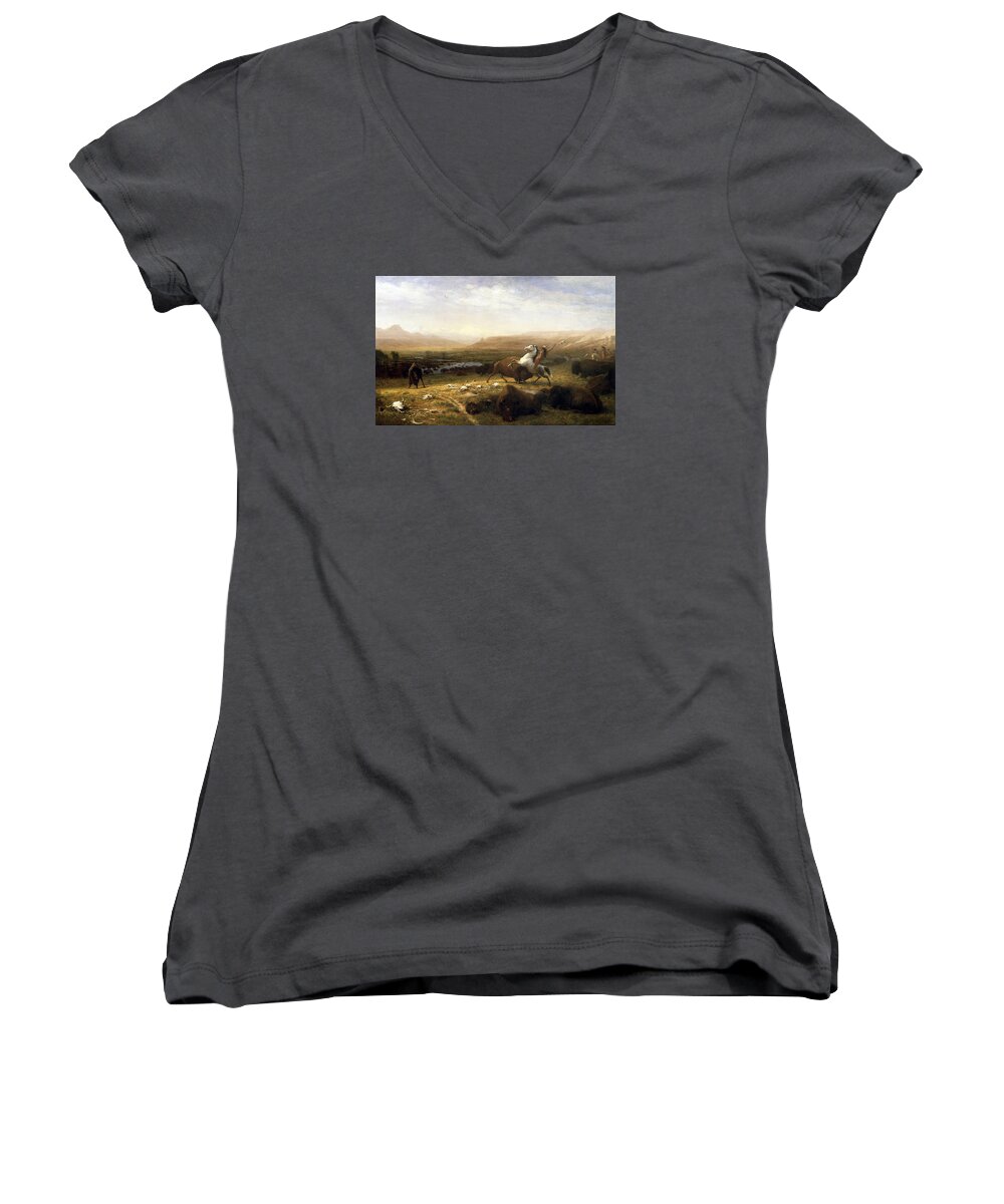 Albert Bierstadt Women's V-Neck featuring the painting The Last Of The Buffalo #6 by MotionAge Designs