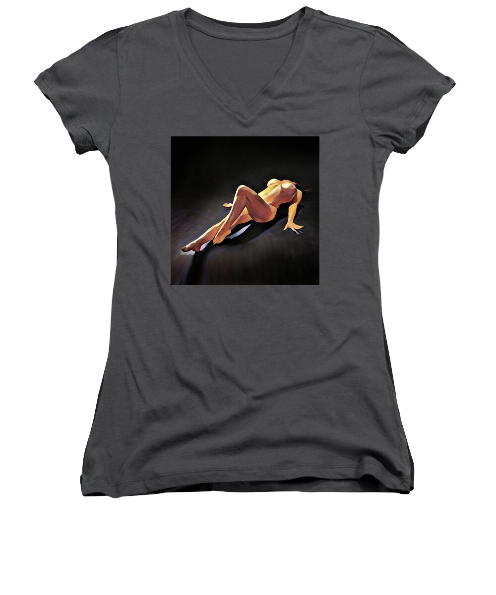 Watercolor Women's V-Neck featuring the digital art 6550s-AMG Watercolor Nude Woman Leg Up by Chris Maher