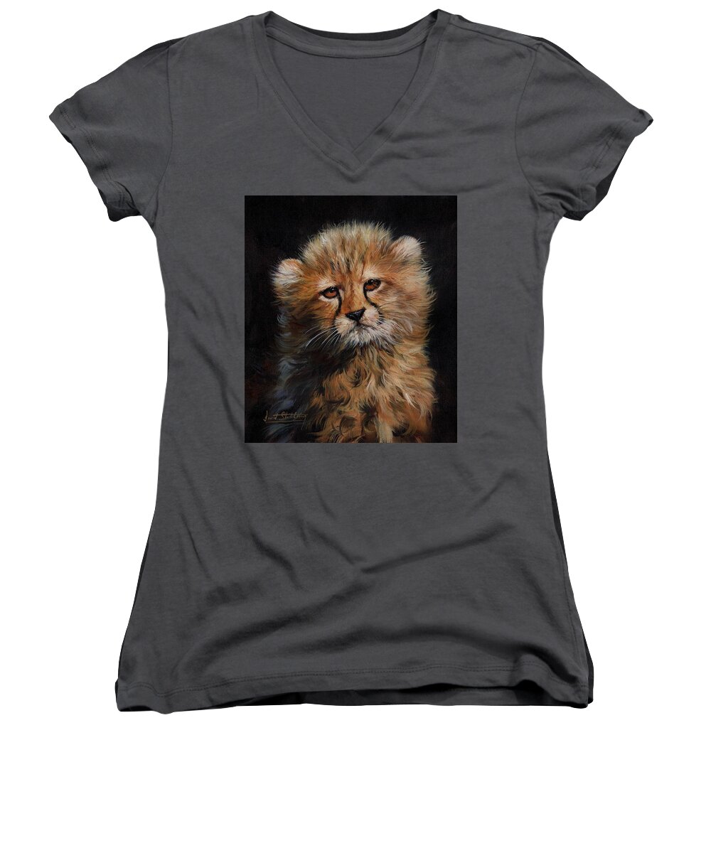 H Women's V-Neck featuring the painting Cheetah Cub #7 by David Stribbling