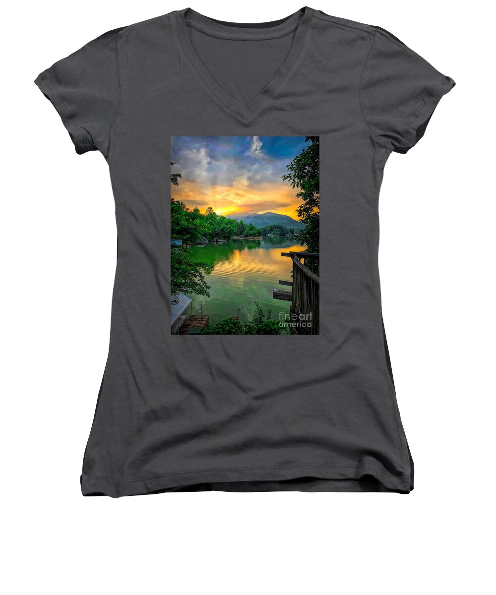 Lake Lure Women's V-Neck featuring the photograph Lake Lure #7 by Buddy Morrison