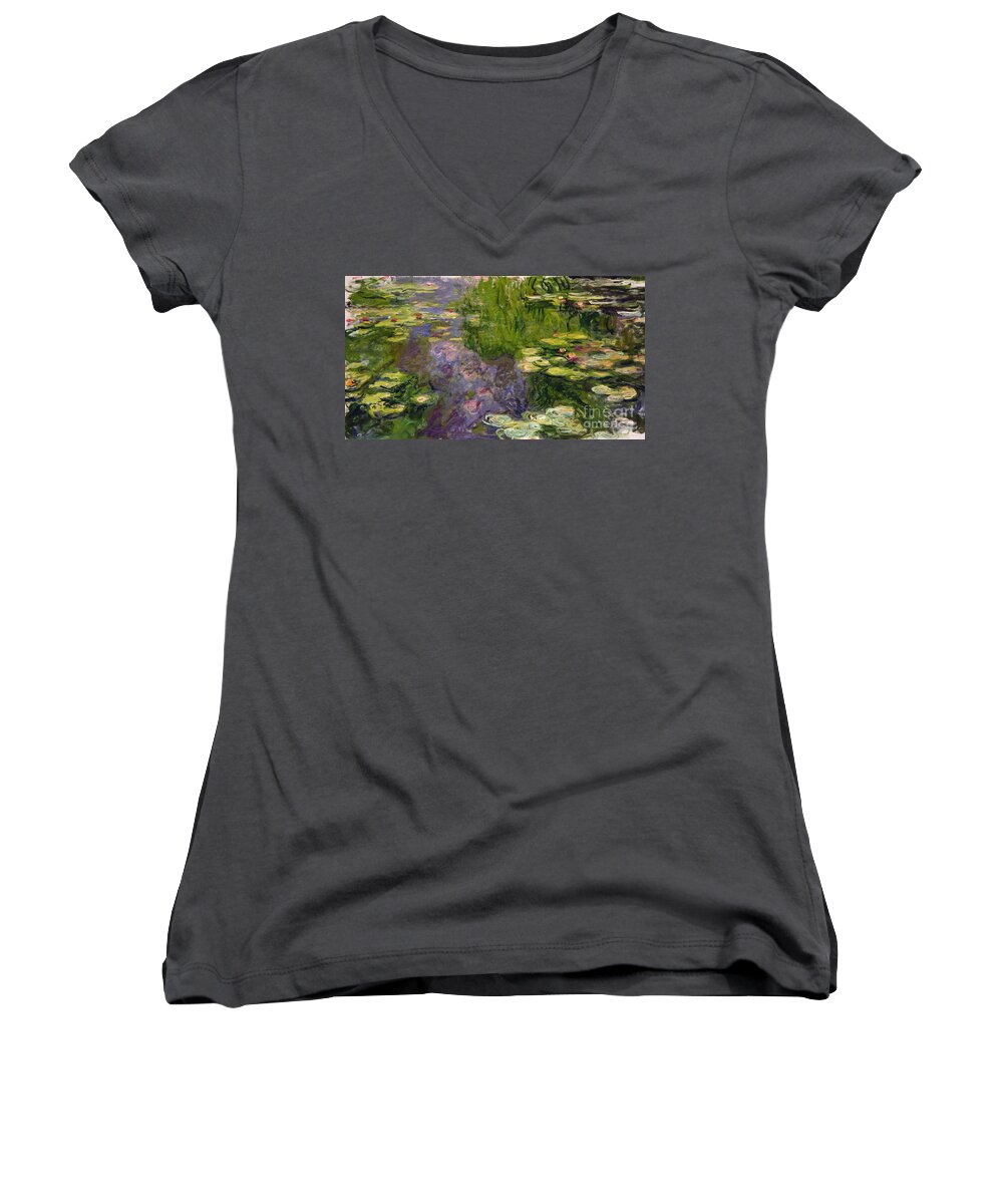 Nympheas; Water; Lily; Waterlily; Impressionist; Green; Purple Women's V-Neck featuring the painting Waterlilies by Claude Monet