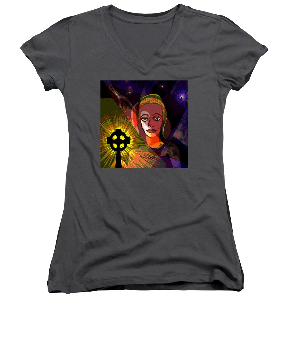 863 - A Celtic Cross Women's V-Neck featuring the digital art 863 - A Celtic Cross by Irmgard Schoendorf Welch