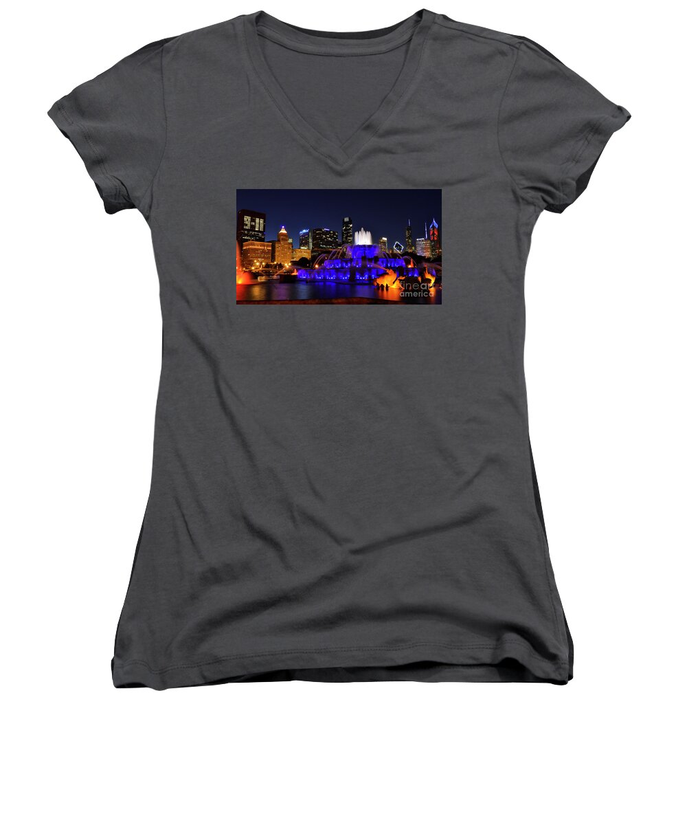 9/11 Women's V-Neck featuring the photograph 911 Tribute at Buckingham Fountain, Chicago by Zawhaus Photography