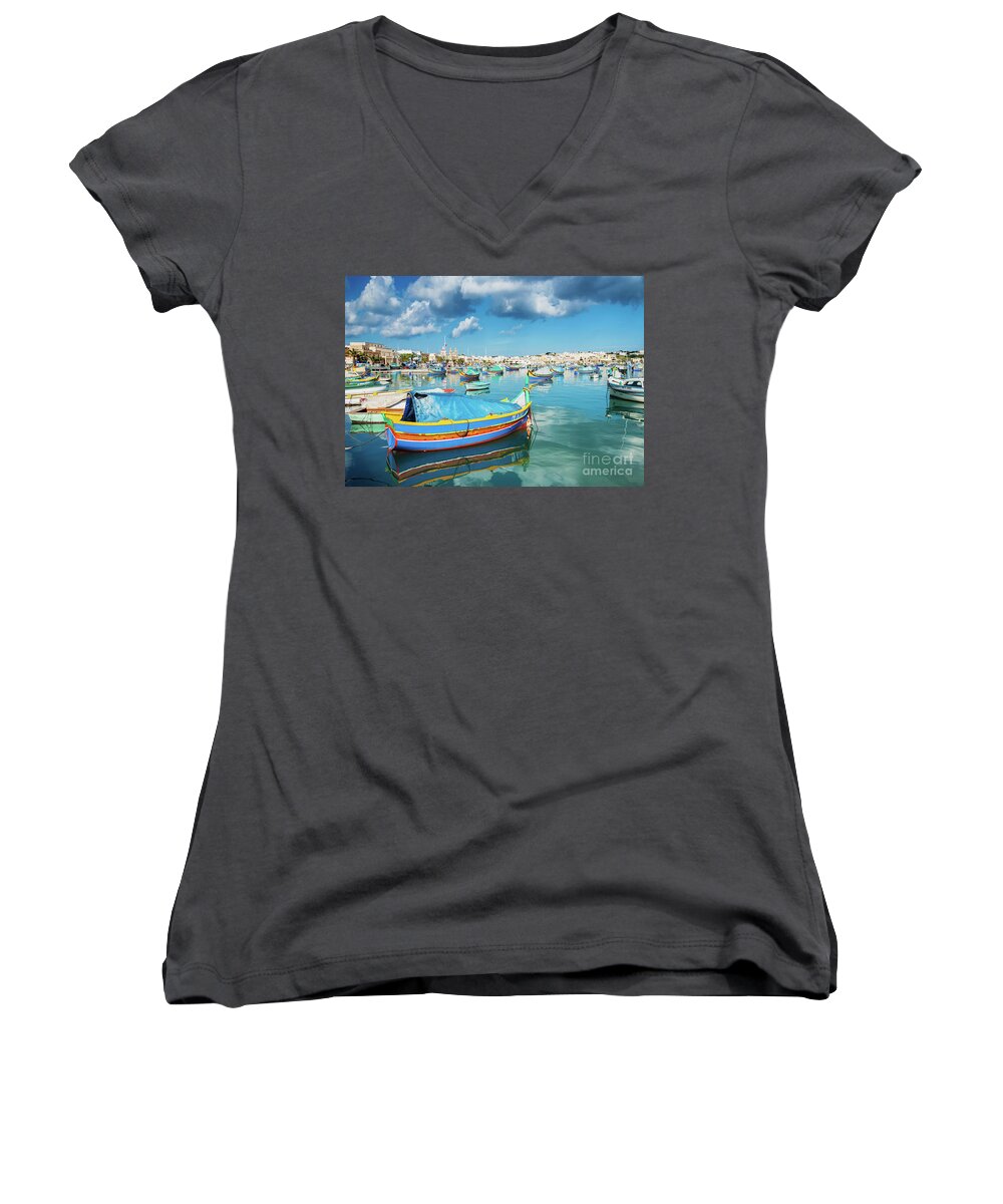 Attraction Women's V-Neck featuring the photograph Marsaxlokk Harbour And Traditional Mediterranean Fishing Boats I #9 by JM Travel Photography