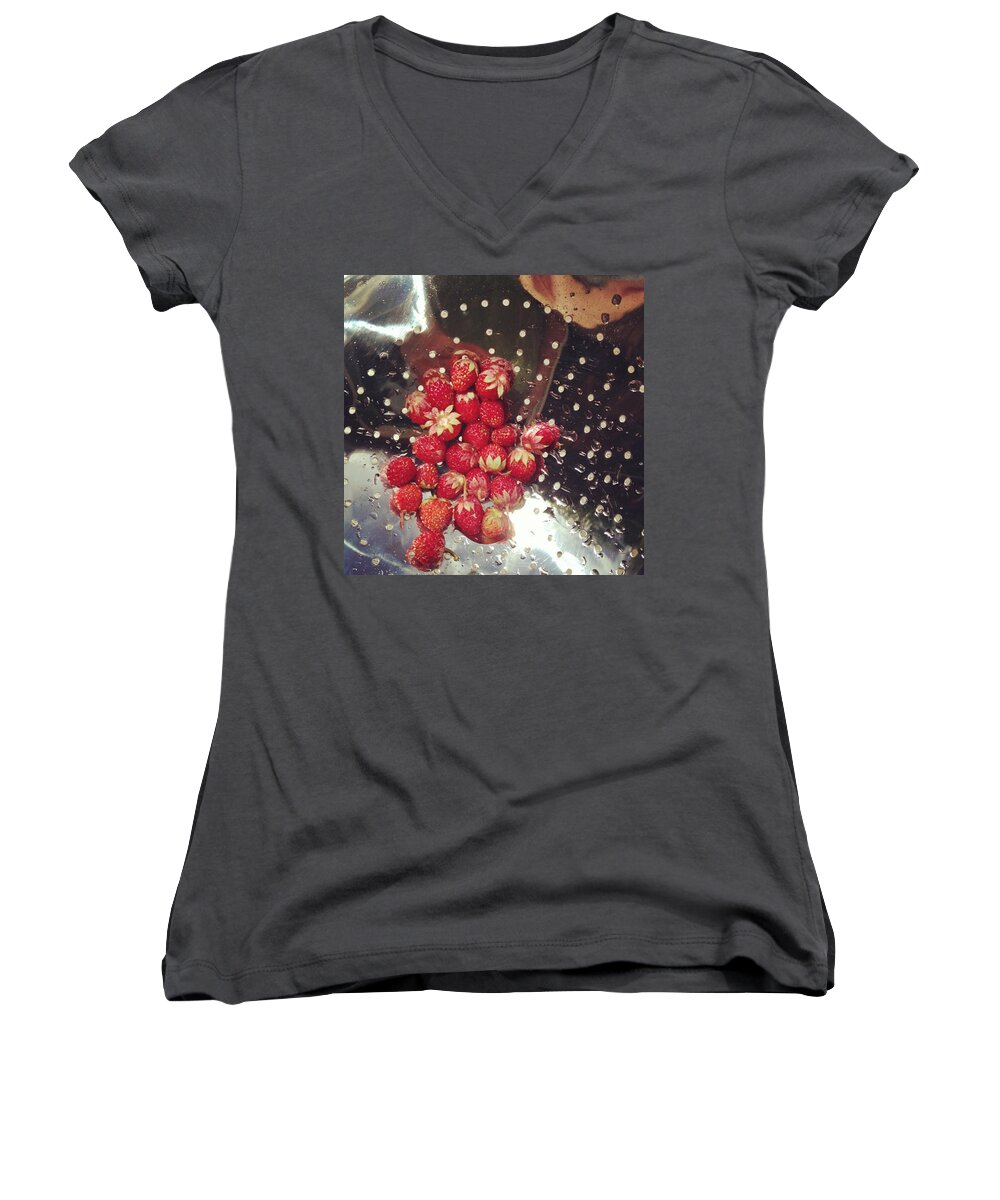 Food Women's V-Neck featuring the photograph Wild Strawberries by Salamander Woods Studio-Homestead