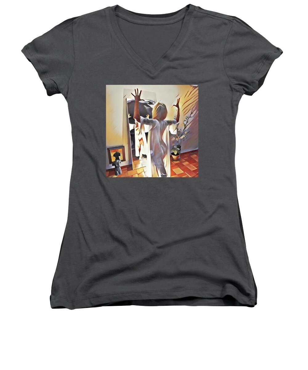 Woman Women's V-Neck featuring the digital art 9906s-DM Woman Confronts Herself in Mirror by Chris Maher
