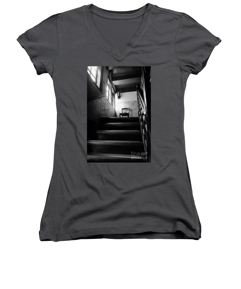 Amsterdam Women's V-Neck featuring the photograph A chair at the top of the stairway BW by RicardMN Photography