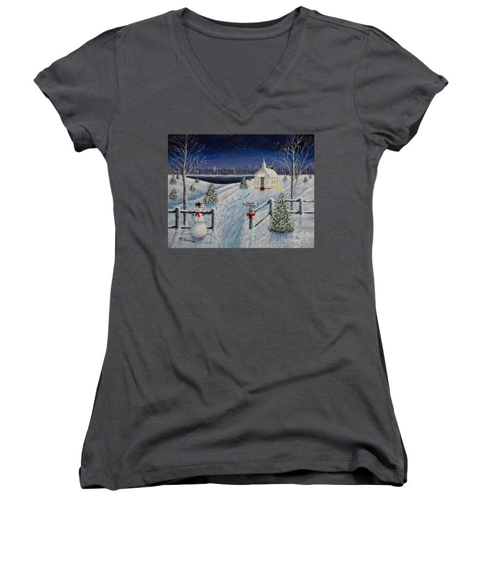 Snowy Christmas Women's V-Neck featuring the painting A Christmas Eve by Melvin Turner