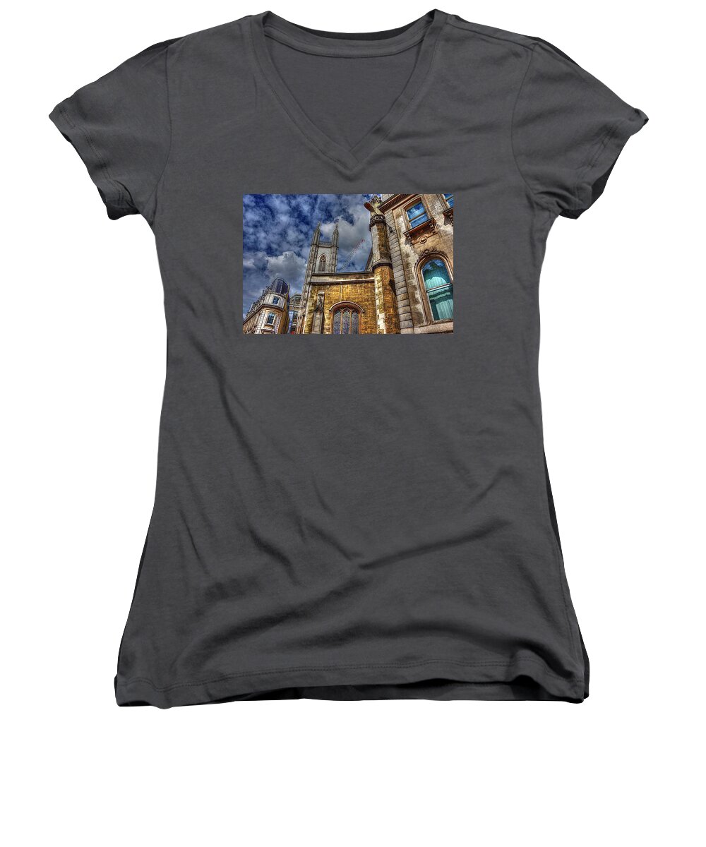 London Church Women's V-Neck featuring the photograph A Corner of the Southwark Cathedral by Karen McKenzie McAdoo