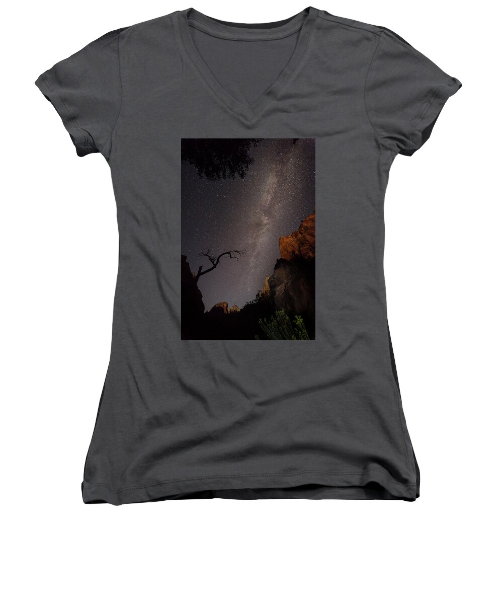 Milkyway Women's V-Neck featuring the photograph A Dark Night In Zion Canyon by David Watkins