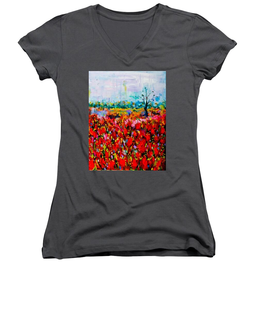 Landscape Women's V-Neck featuring the painting A Field of Flowers # 2 by Maxim Komissarchik