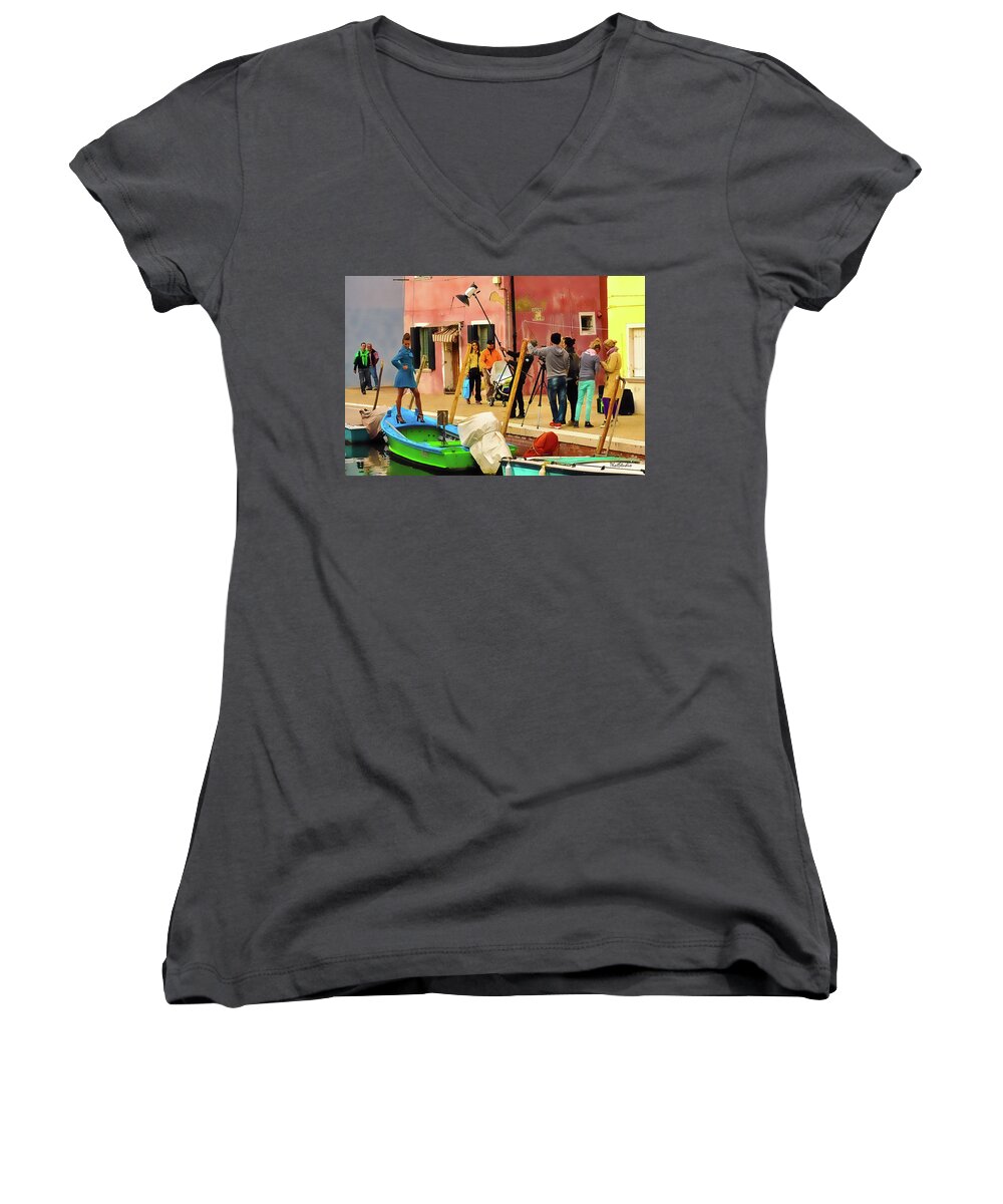Burano Women's V-Neck featuring the photograph A Glamour Shoot in Burano by Tim Kathka