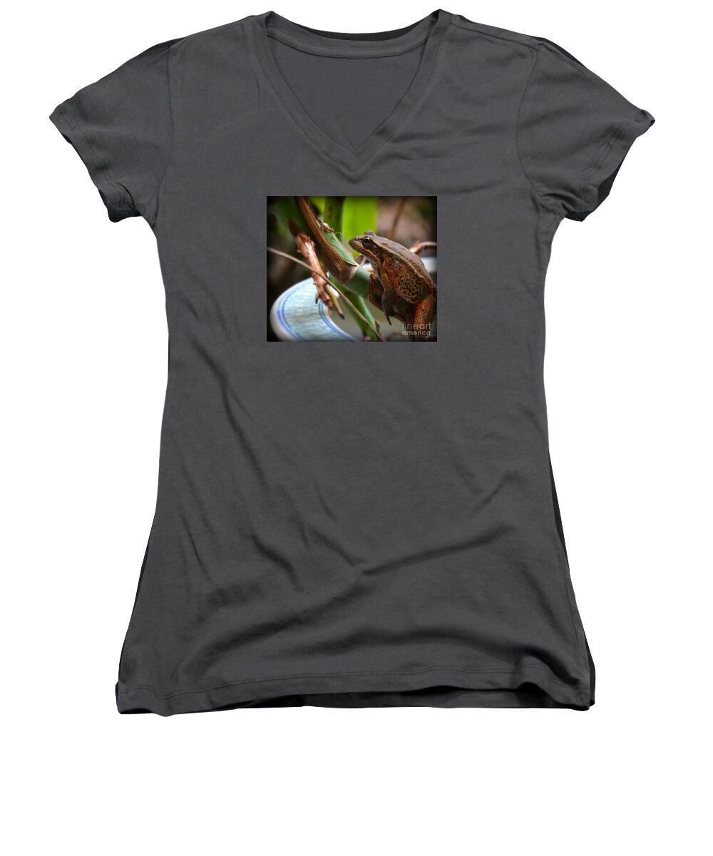 Frog Women's V-Neck featuring the photograph A Guest by Tatyana Searcy