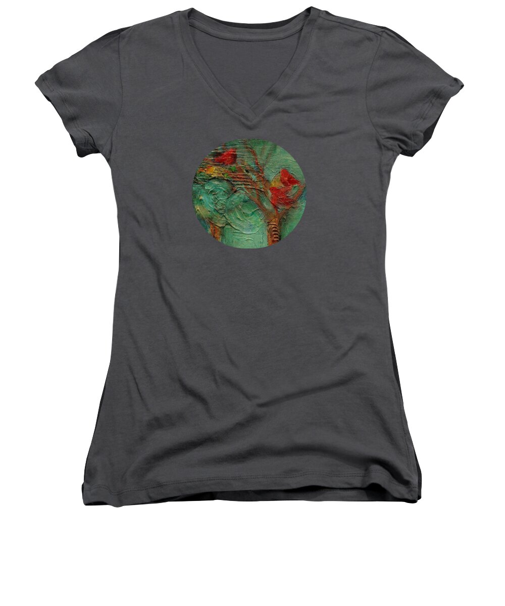 Whimsical Bird Painting Women's V-Neck featuring the painting A Home in the Woods by Mary Wolf