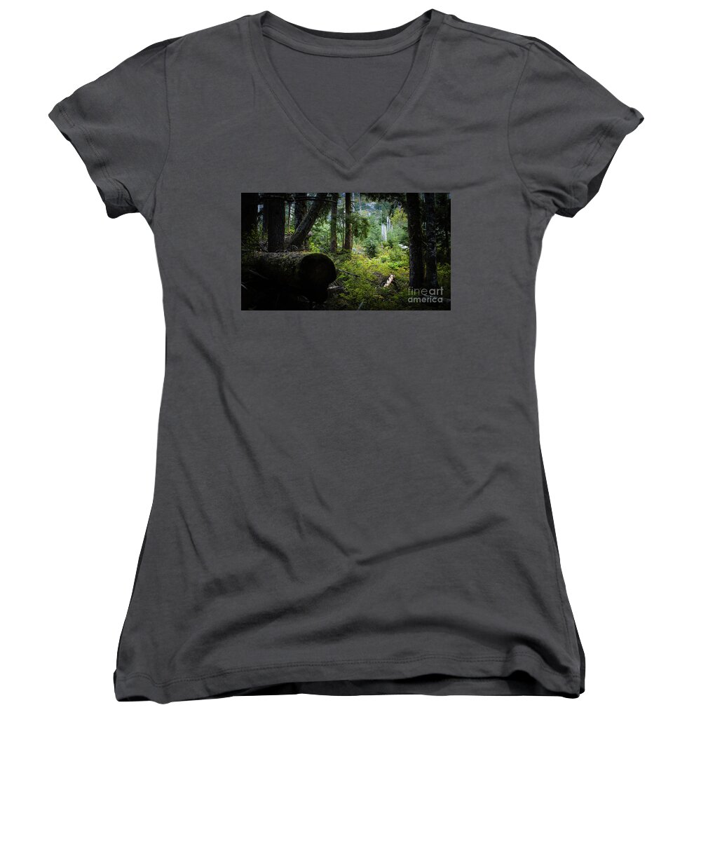 Forest Women's V-Neck featuring the photograph A light spot in the forest by Agnes Caruso