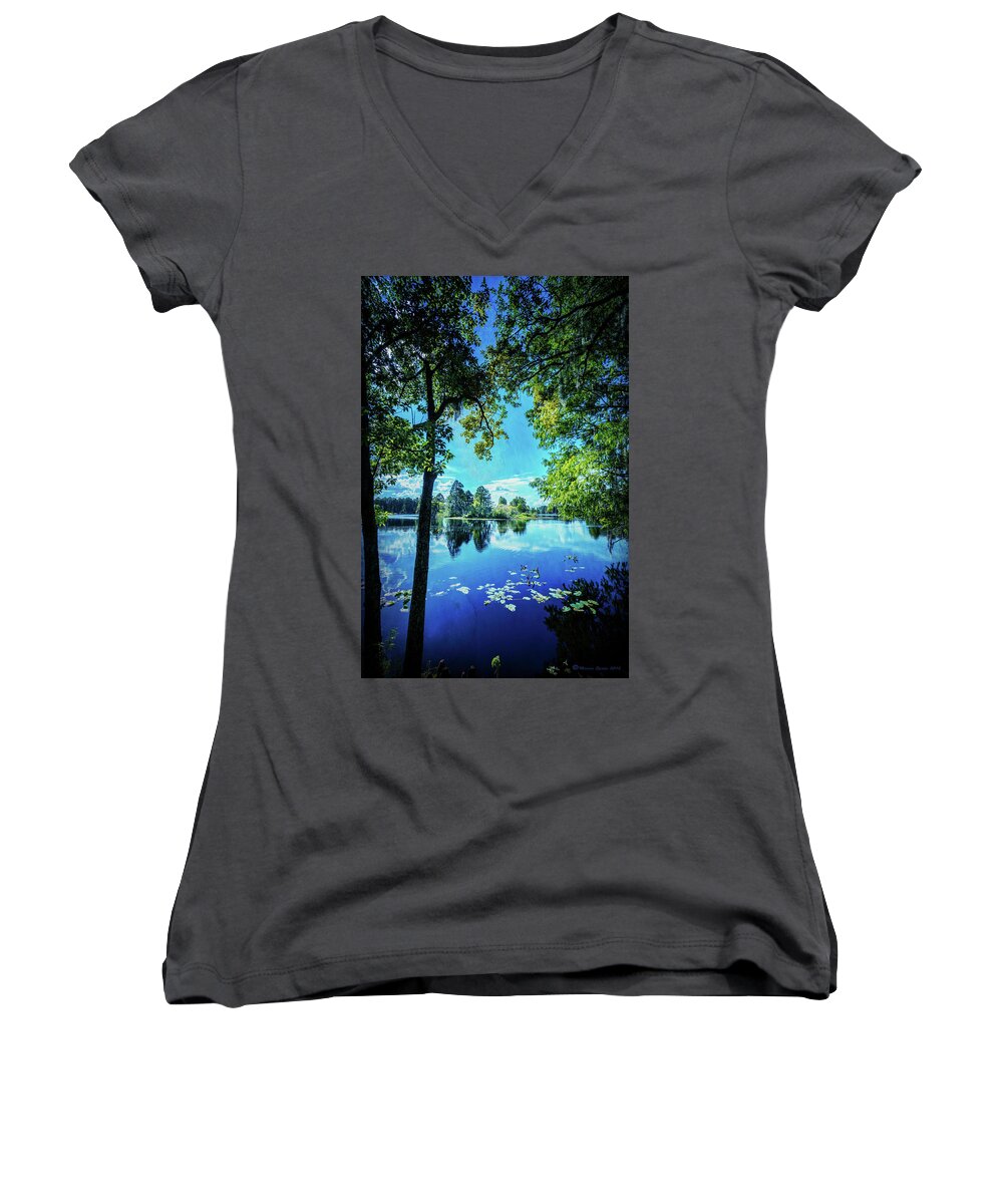 Cypress Women's V-Neck featuring the photograph A Line Of Blue by Marvin Spates