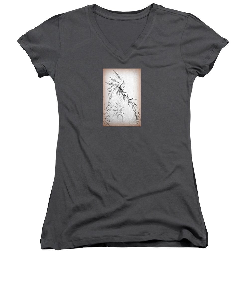 Native American Indians Women's V-Neck featuring the drawing A Noble People by Georgia Doyle