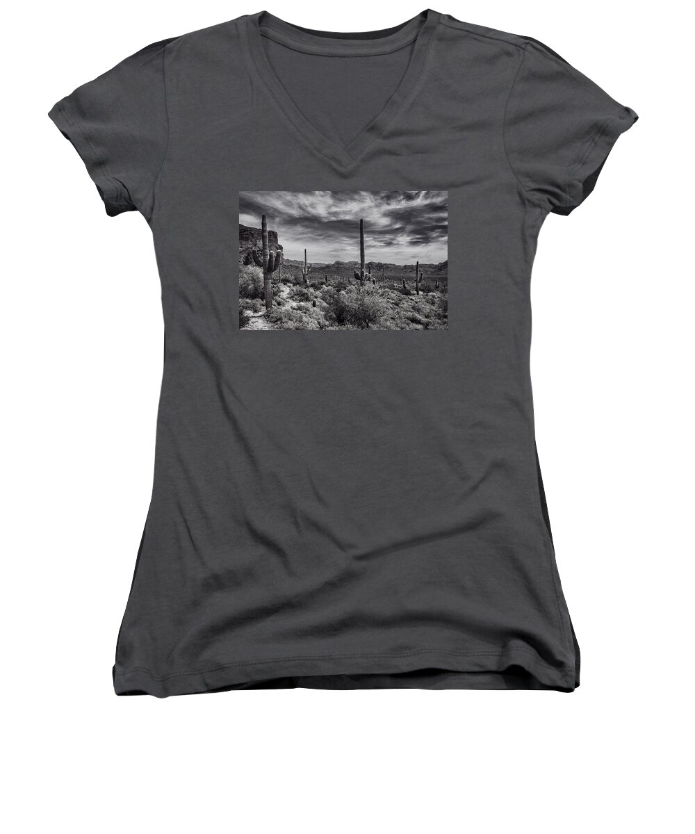 Arizona Women's V-Neck featuring the photograph A Morning Hike in the Superstition in Black and White by Saija Lehtonen