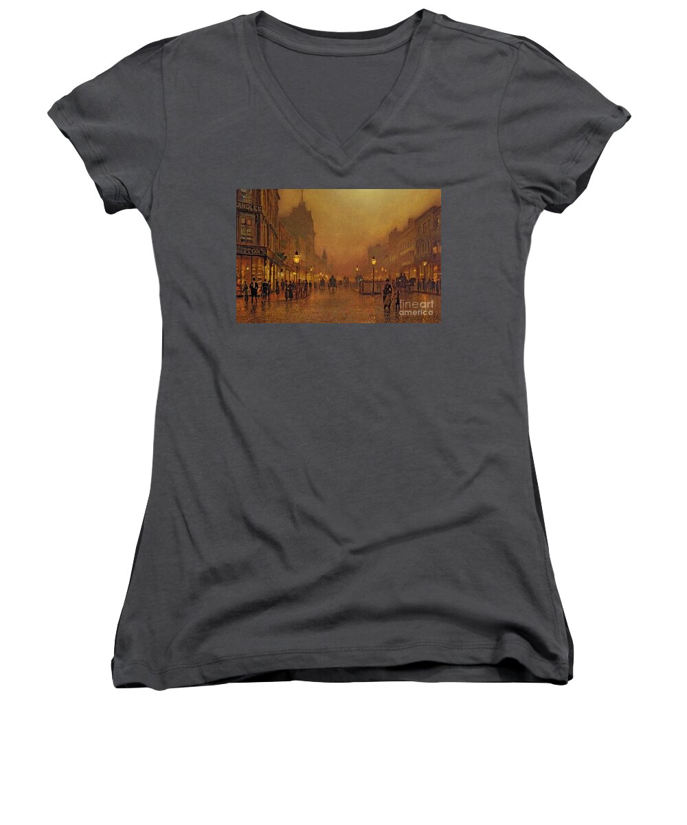 A Street At Night By John Atkinson Grimshaw Women's V-Neck featuring the painting A Street at Night by John Atkinson Grimshaw