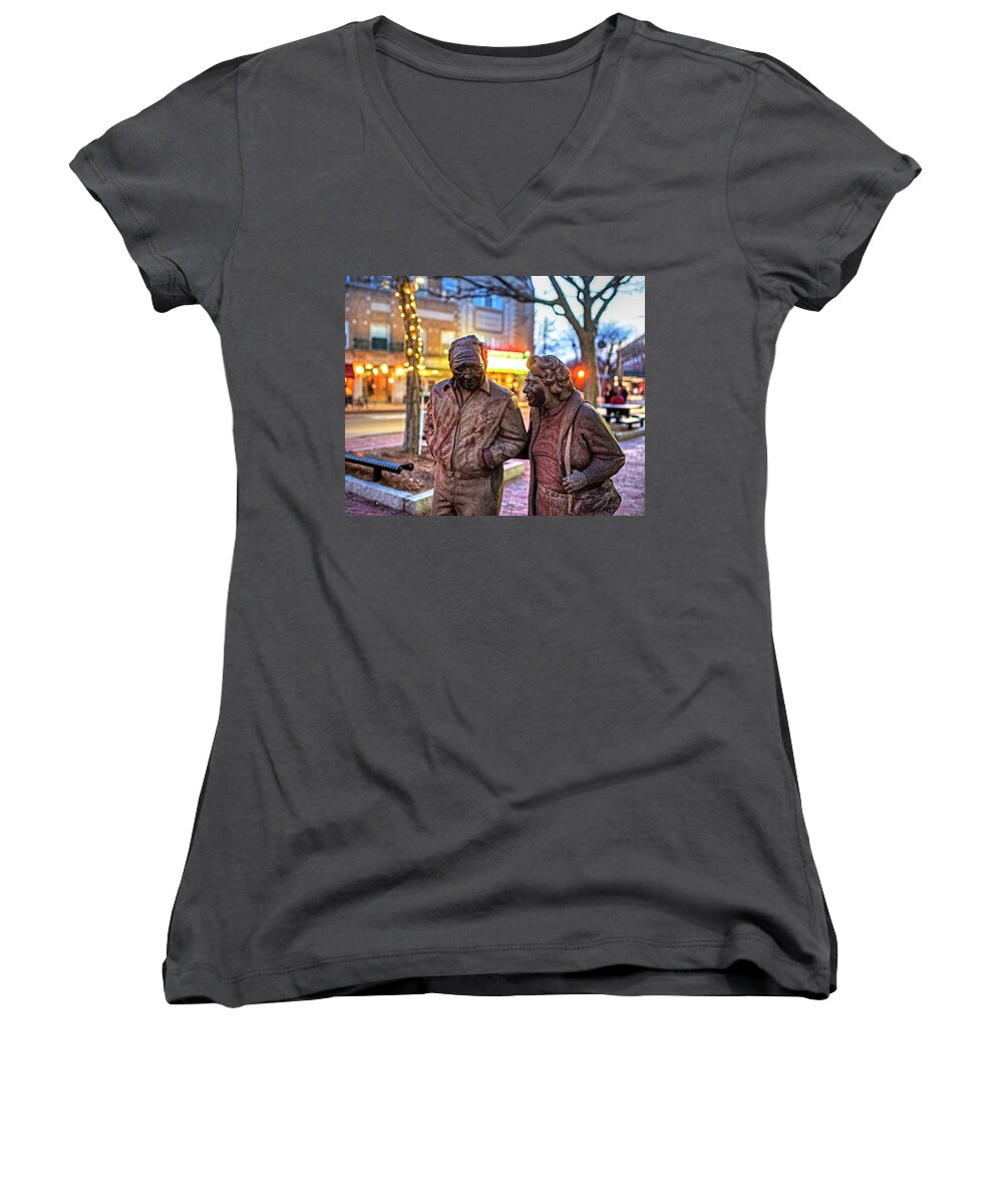 Somerville Women's V-Neck featuring the photograph A stroll through Davis Square Somerville MA by Toby McGuire