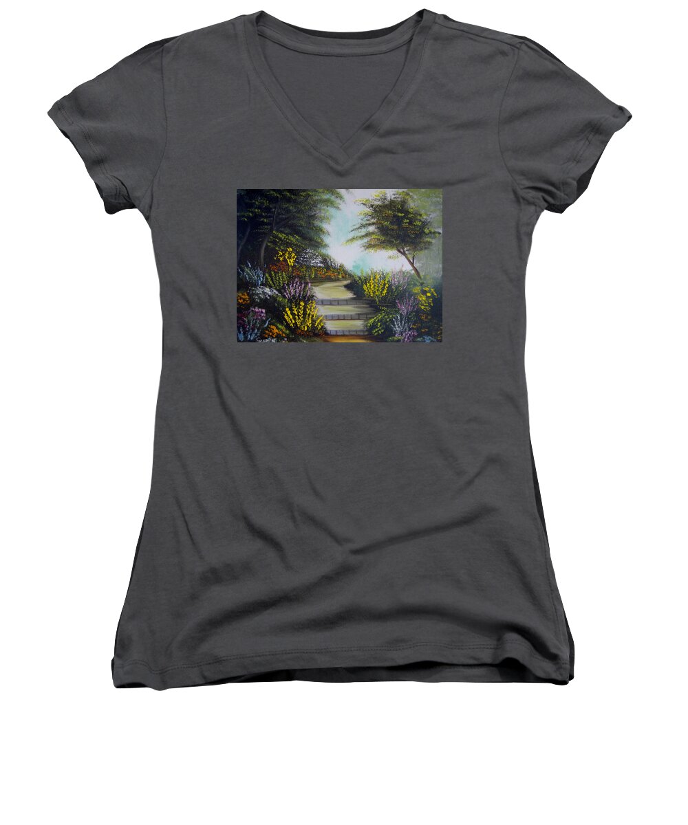 Garden Women's V-Neck featuring the painting A Walk in the Garden by Debra Campbell