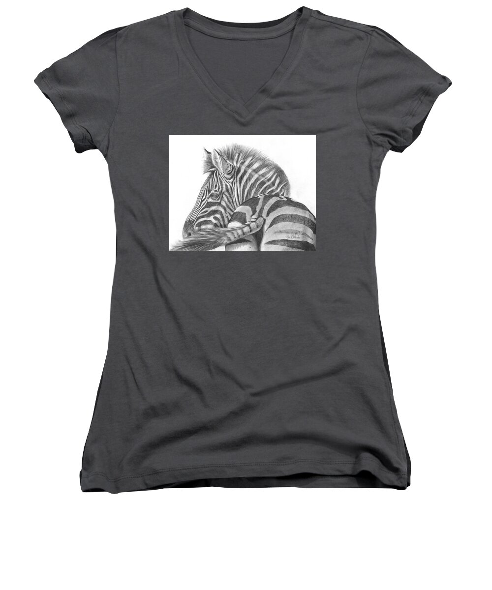 Zebra Women's V-Neck featuring the drawing A Watchful Eye by Peter Williams