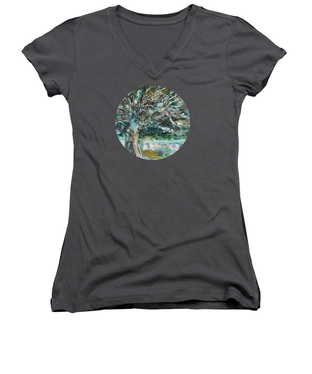 Landscape Women's V-Neck featuring the painting A Winter Tree by Mary Wolf