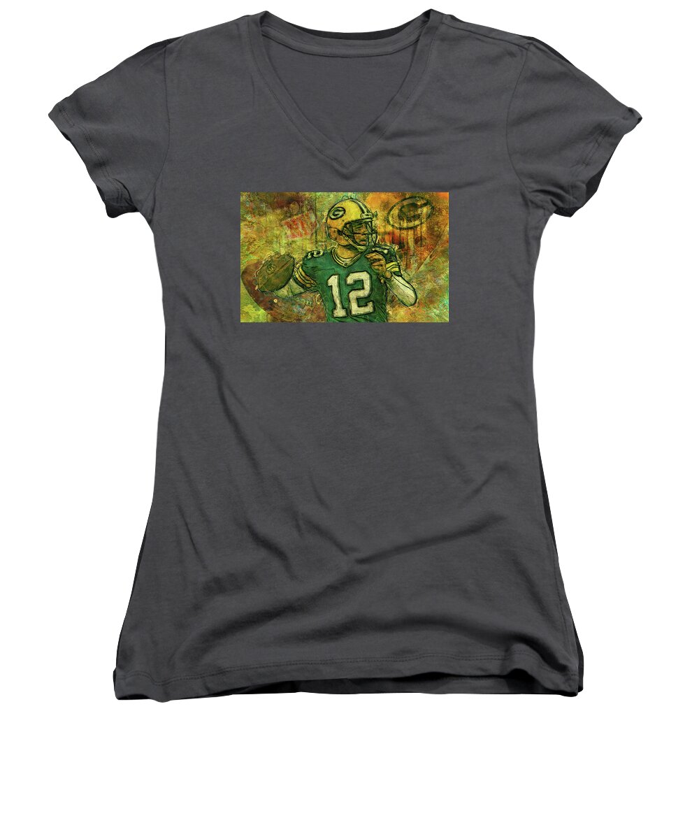 Aaron Rodgers Women's V-Neck featuring the painting Aaron Rodgers 2 Green Bay Packers by Jack Zulli