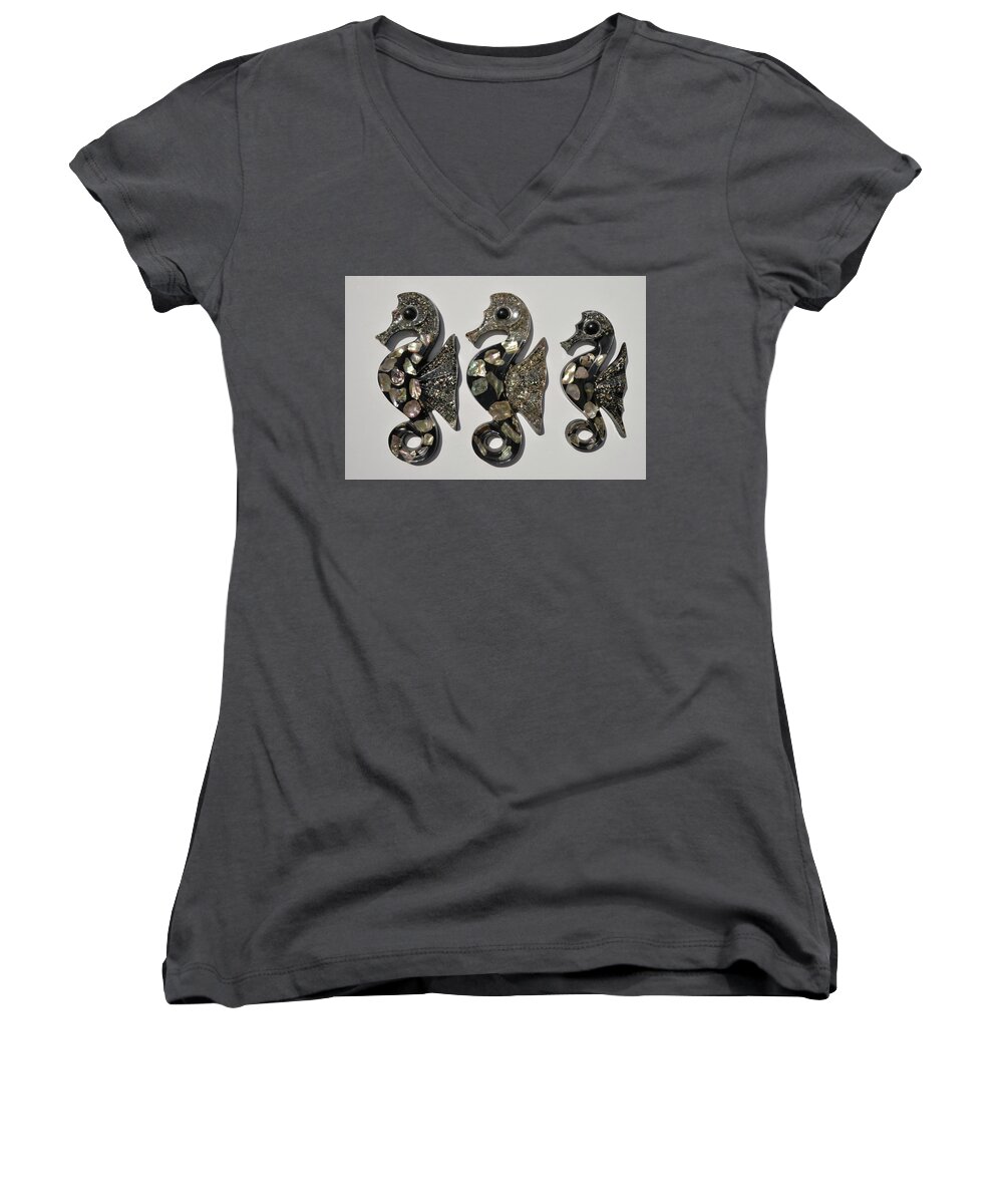 Seahorse Women's V-Neck featuring the photograph Abalone seahorses by Erik Burg
