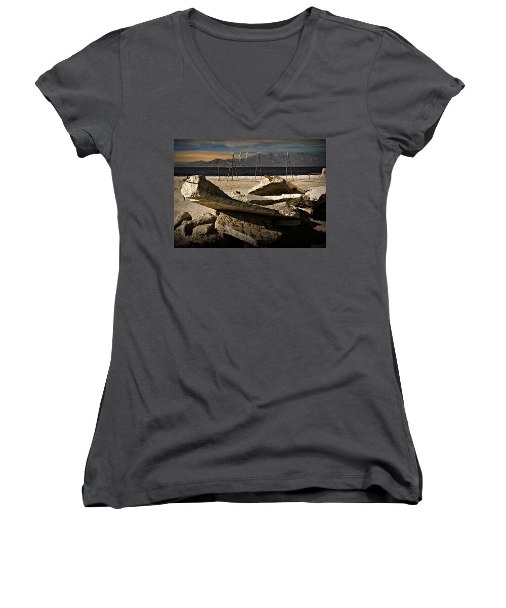 California Women's V-Neck featuring the photograph Abandoned Ruins on the Eastern Shore of the Salton Sea by Randall Nyhof