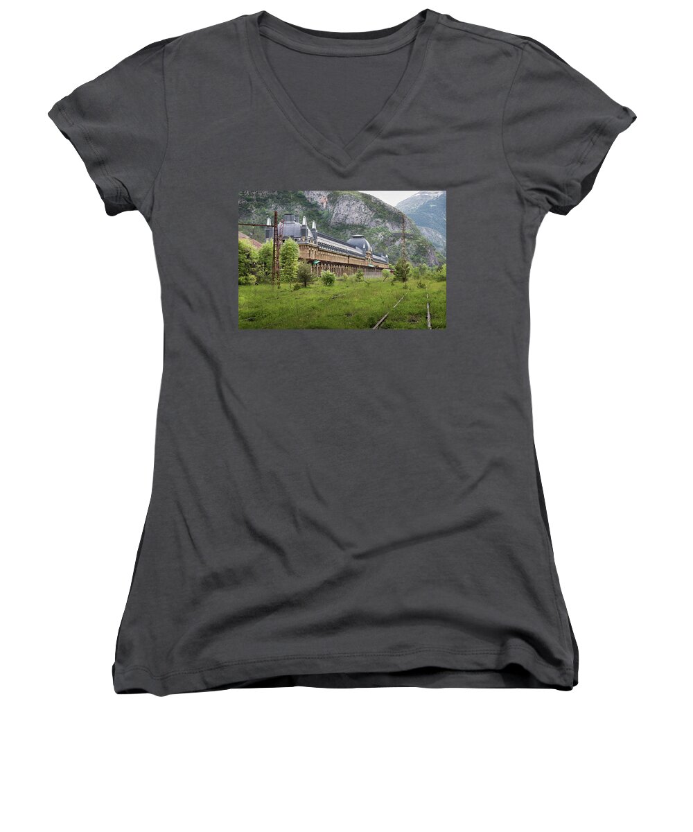 Canfranc Women's V-Neck featuring the photograph Abandoned side of the Canfranc international railway station by RicardMN Photography