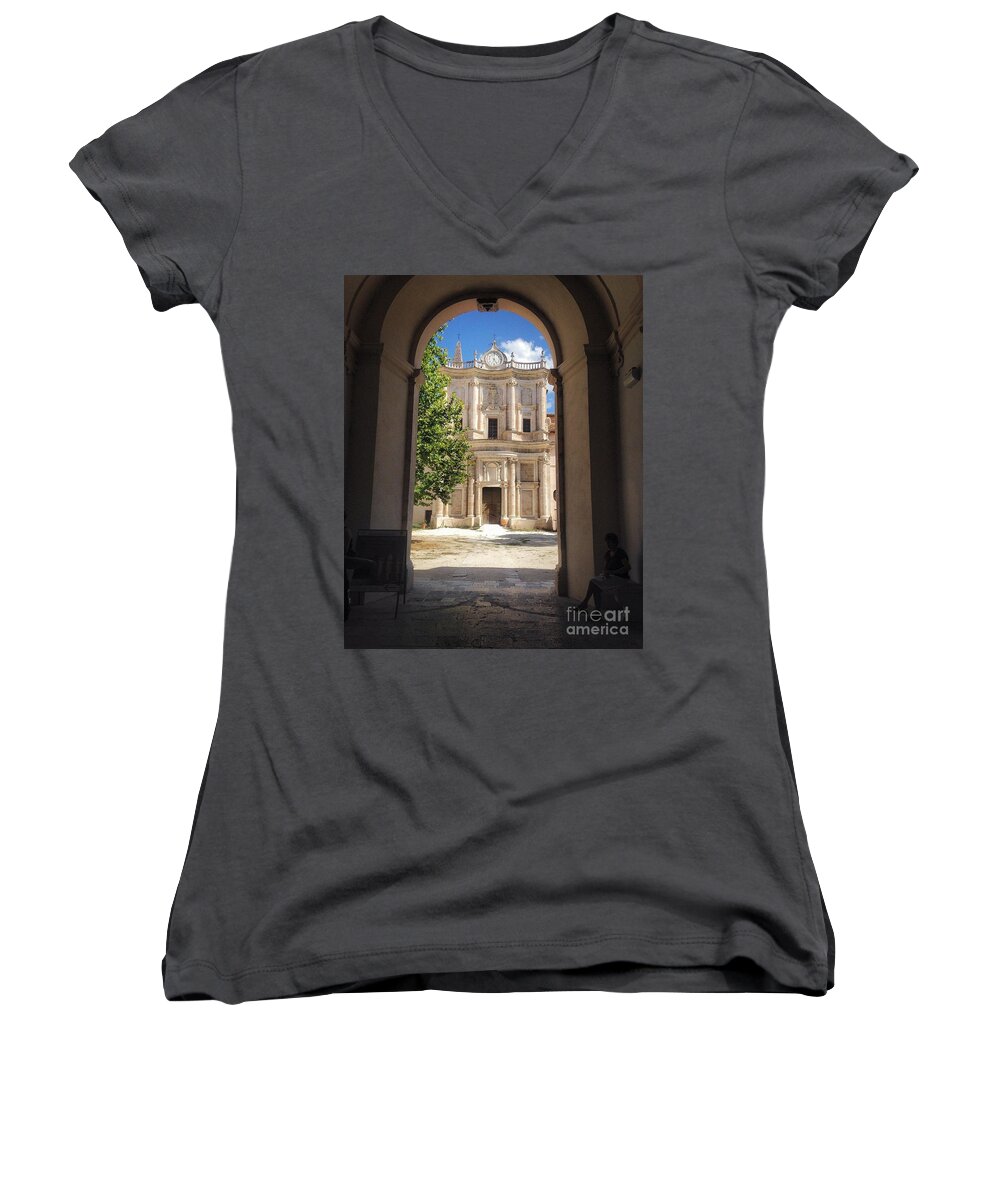 Abbey Women's V-Neck featuring the photograph Abbey of the Holy Spirit at Morrone in Sulmona, Italy by Angela Rath