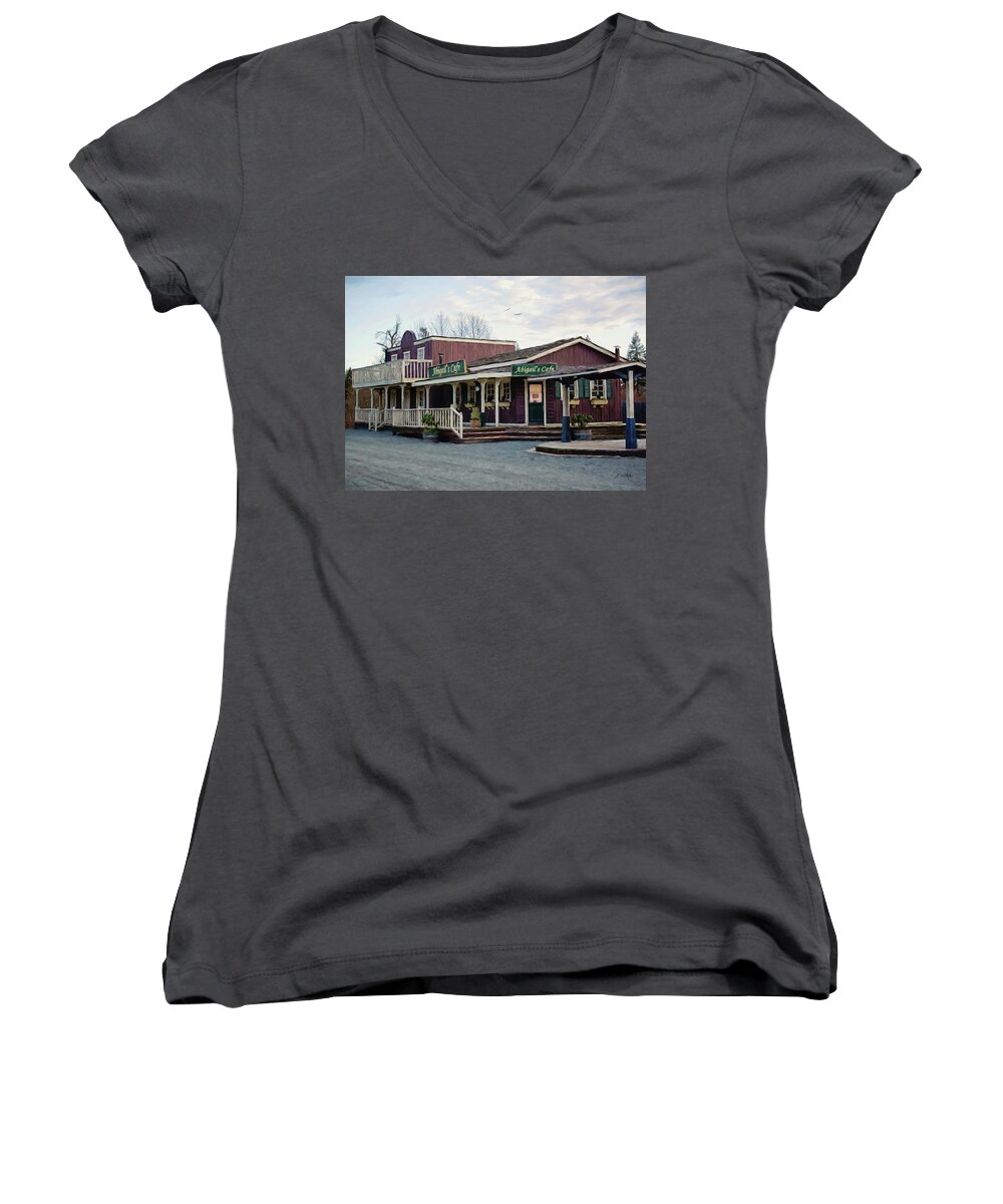Abigails Cafe Women's V-Neck featuring the painting Abigail's Cafe - Hope Valley Art by Jordan Blackstone