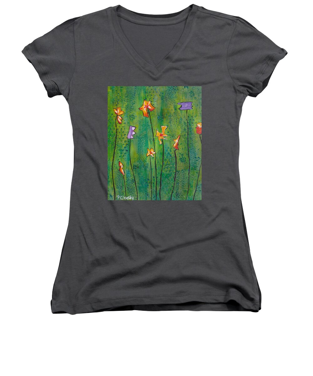 Abstract Women's V-Neck featuring the painting Abstract Flowers Orange, Purple by Patricia Cleasby