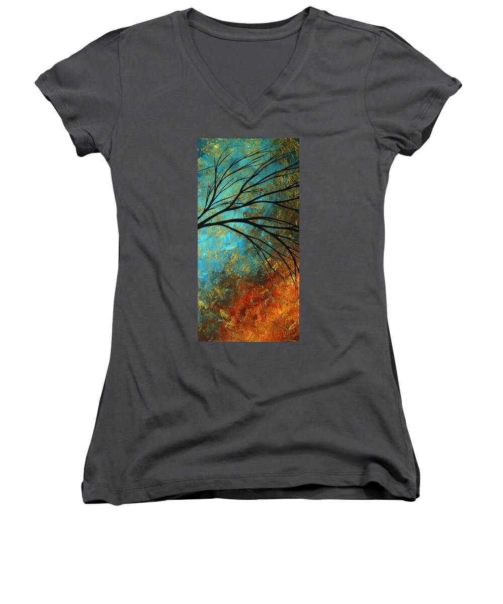 Abstract Women's V-Neck featuring the painting Abstract Landscape Art PASSING BEAUTY 4 of 5 by Megan Aroon