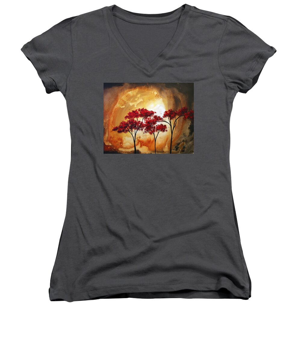 Abstract Women's V-Neck featuring the painting Abstract Landscape Painting EMPTY NEST 2 by MADART by Megan Aroon