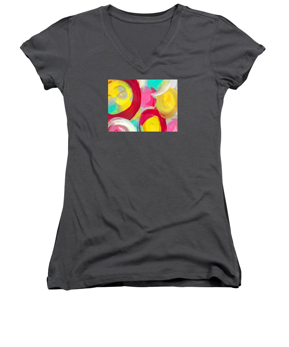 Floral Women's V-Neck featuring the painting Abstract Rose Garden in the Morning Light 1 by Amy Vangsgard