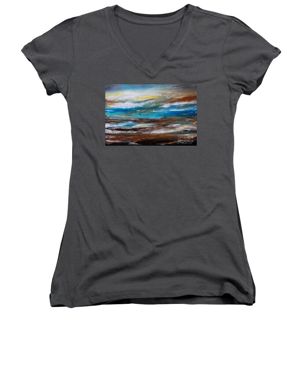 Seascape Art Women's V-Neck featuring the painting Abstract Seascape by Pat Davidson