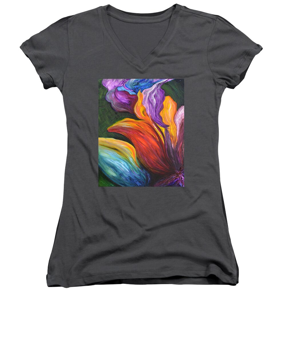 Abstract Women's V-Neck featuring the painting Abstract Vibrant Flowers by Michelle Pier