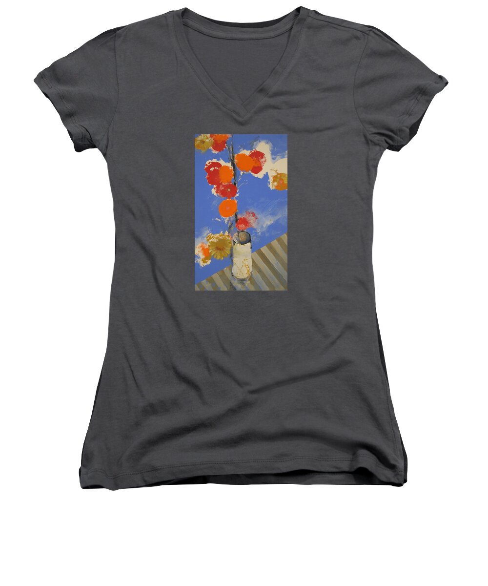 Abstract Painting Women's V-Neck featuring the painting Abstracted Flowers in Ceramic Vase by Cliff Spohn