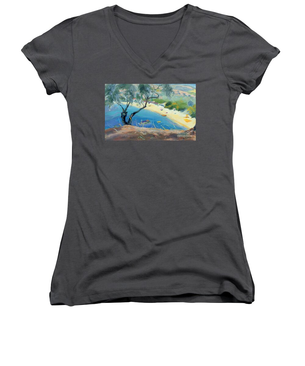 Landscape; Greek; Aegean; Beach Scene; Olive Tree; Boats Women's V-Neck featuring the painting Achladies Bay - Skiathos - Greece by Anne Durham