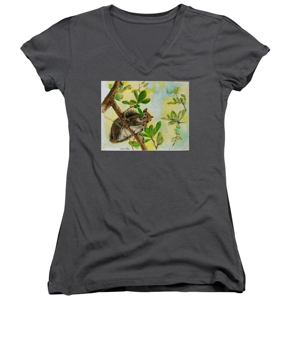 Squirrel Women's V-Neck featuring the painting Acorn Lunch by Bobby Walters