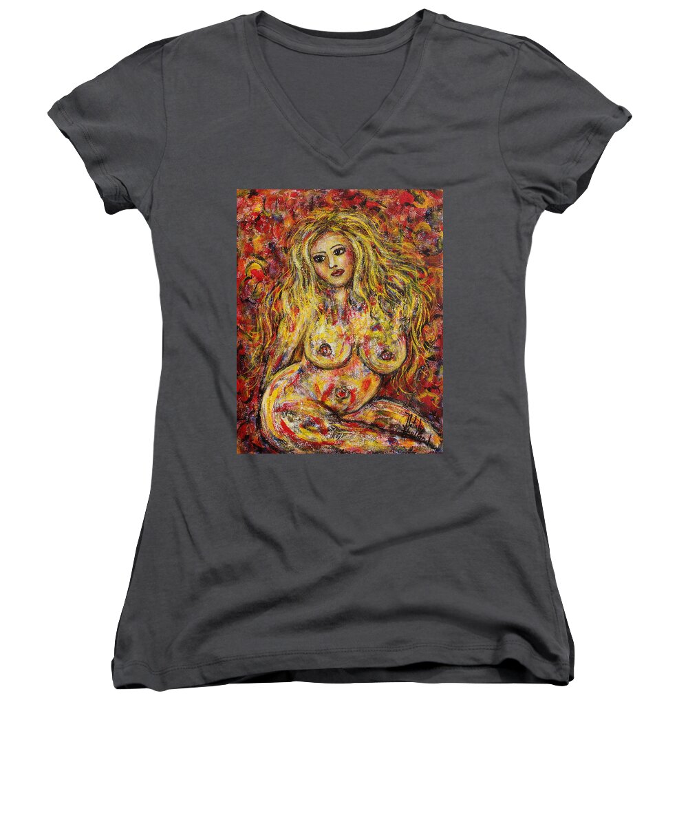 Expressionism Women's V-Neck featuring the painting Adrianna by Natalie Holland
